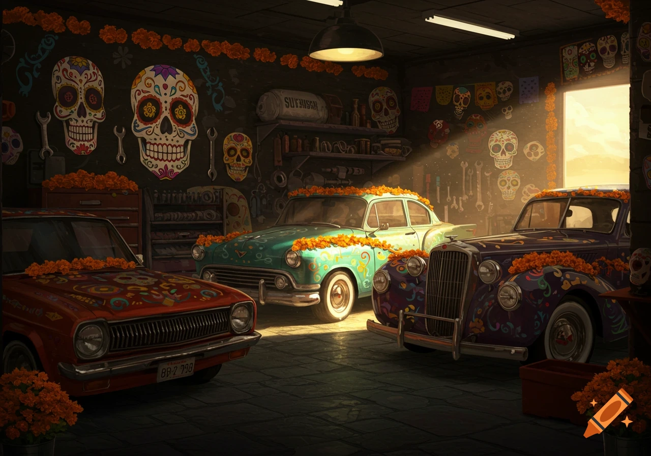 A garage decorated for Dia de los Muertos with classic cars covered in flowers, sugar skulls, and marigold garlands on the walls.