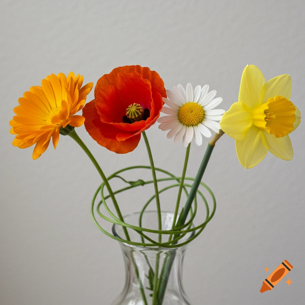 A bouquet of a yellow marigold, red poppy, white daisy, and yellow daffodil in a glass vase.