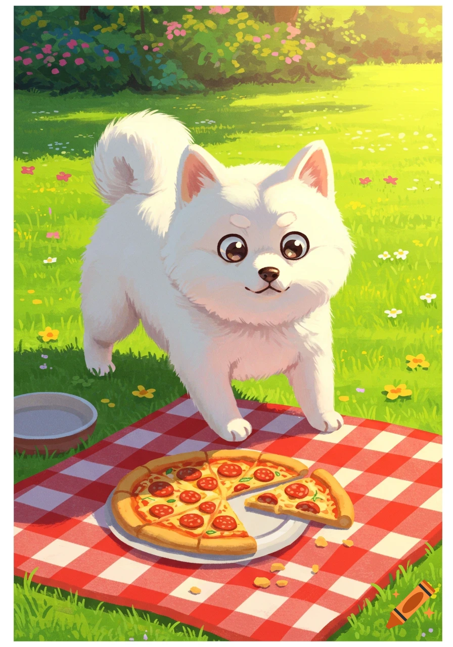 A white dog looks at a pizza on a red and white checkered blanket in a sunny garden.