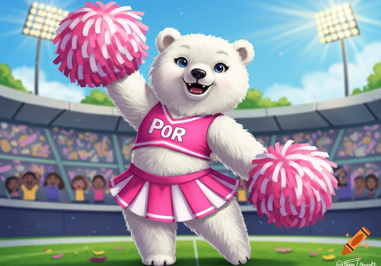 A cute white polar bear cheerleader with pink pom-poms in a stadium.