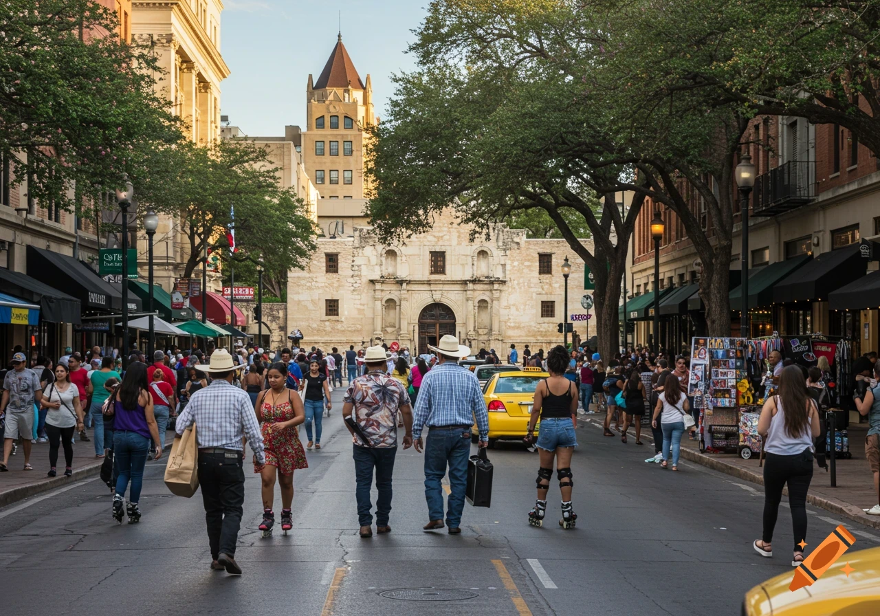 Busy street scene in San Antonio with many people walking, storefronts, a yellow taxi, and the historic Alamo in the background.