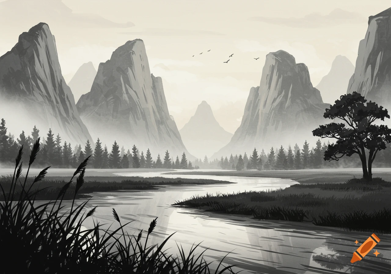 Japanese ink art landscape with mountains, river, trees, and birds flying.