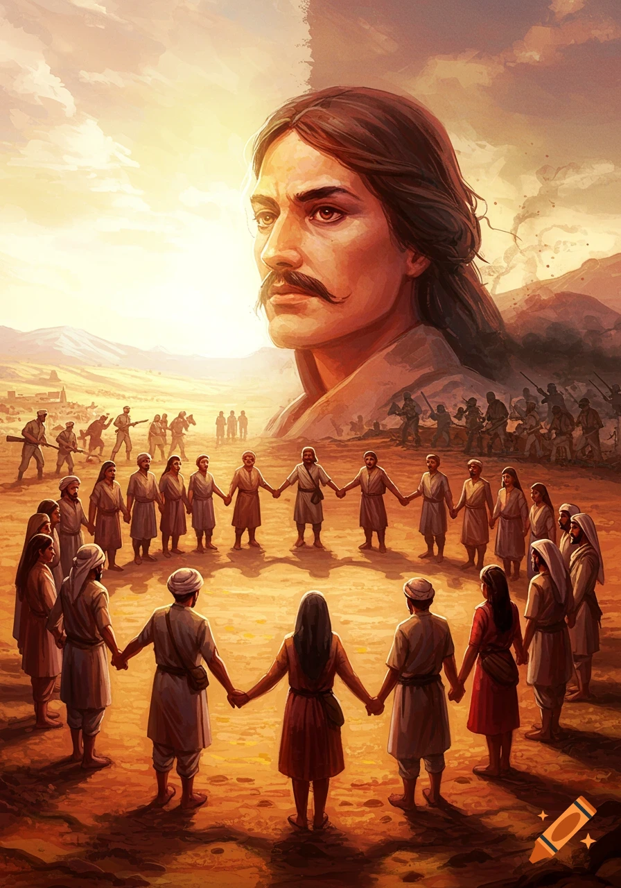 Stylized illustration of a large face overlooking people holding hands in a circle, with soldiers in the background.