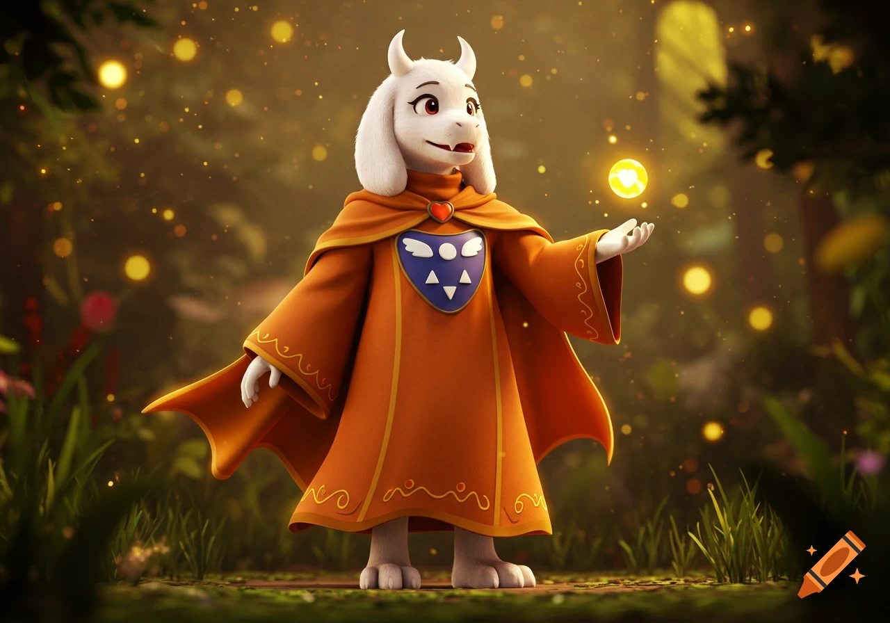 Toriel in an orange robe holding a glowing orb in a magical forest