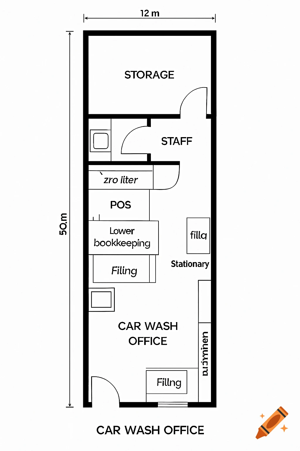 Black and white floor plan diagram of a car wash office layout.