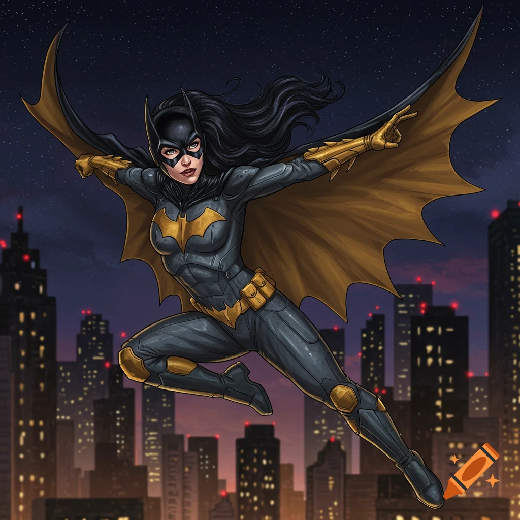 Batgirl flies over a city at night in a comic book style illustration.