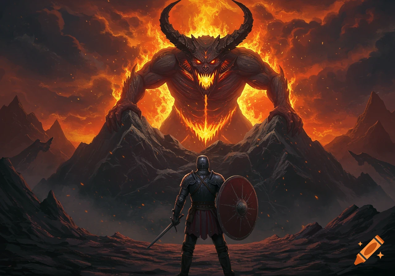 A knight stands before a huge fiery demon looming over a mountainous landscape.