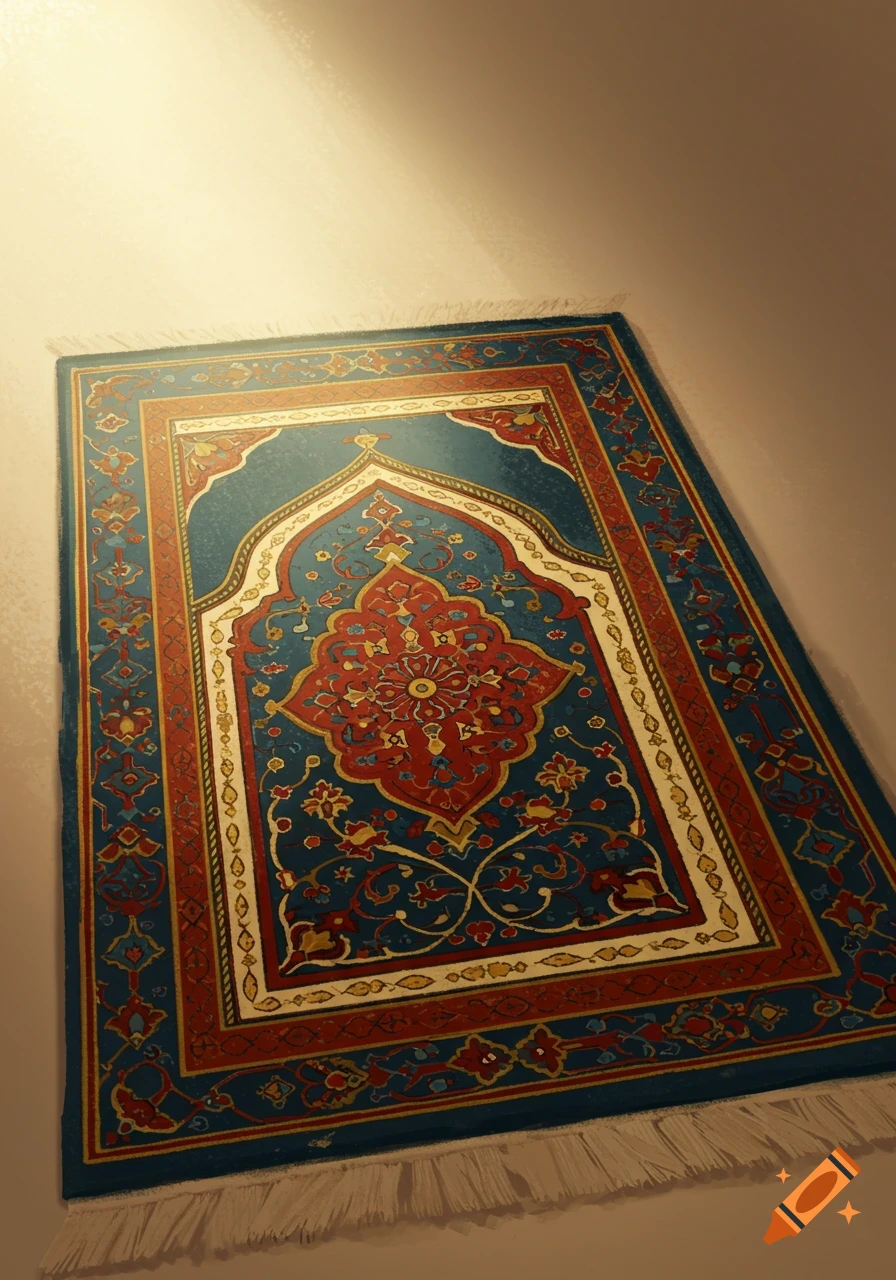 Detailed Islamic prayer mat with ornate red, blue, and yellow patterns, illuminated by light from above.