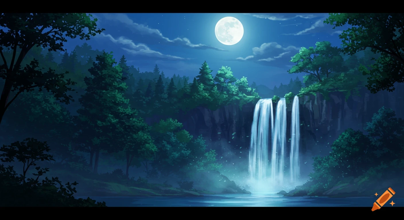 A painting of a waterfall in a forest at night, illuminated by a bright full moon.