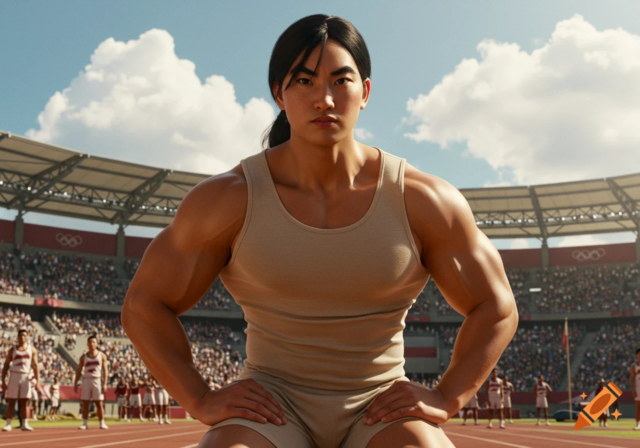 Muscular athlete sitting on a track in an Olympic stadium.
