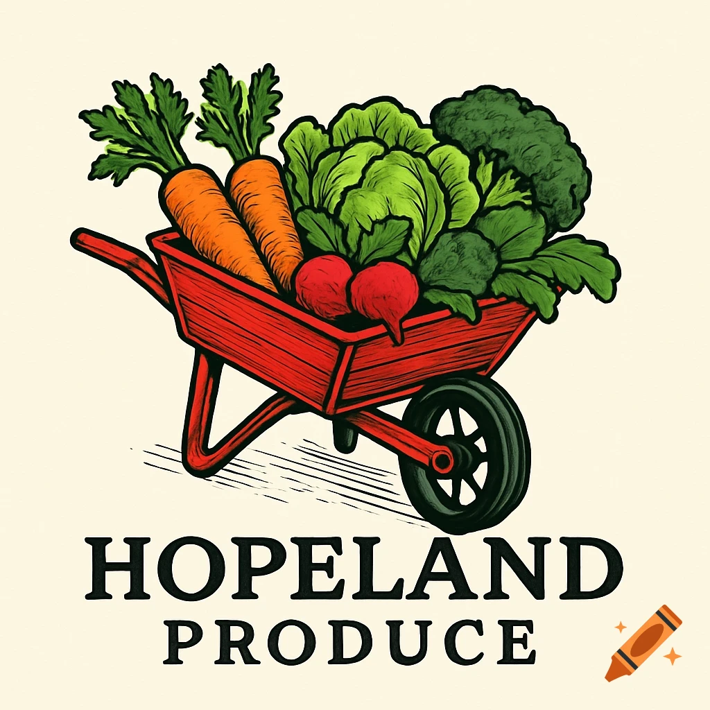 Logo of a red wheelbarrow overflowing with carrots, radishes, lettuce, and broccoli, with "HOPELAND PRODUCE" text below.