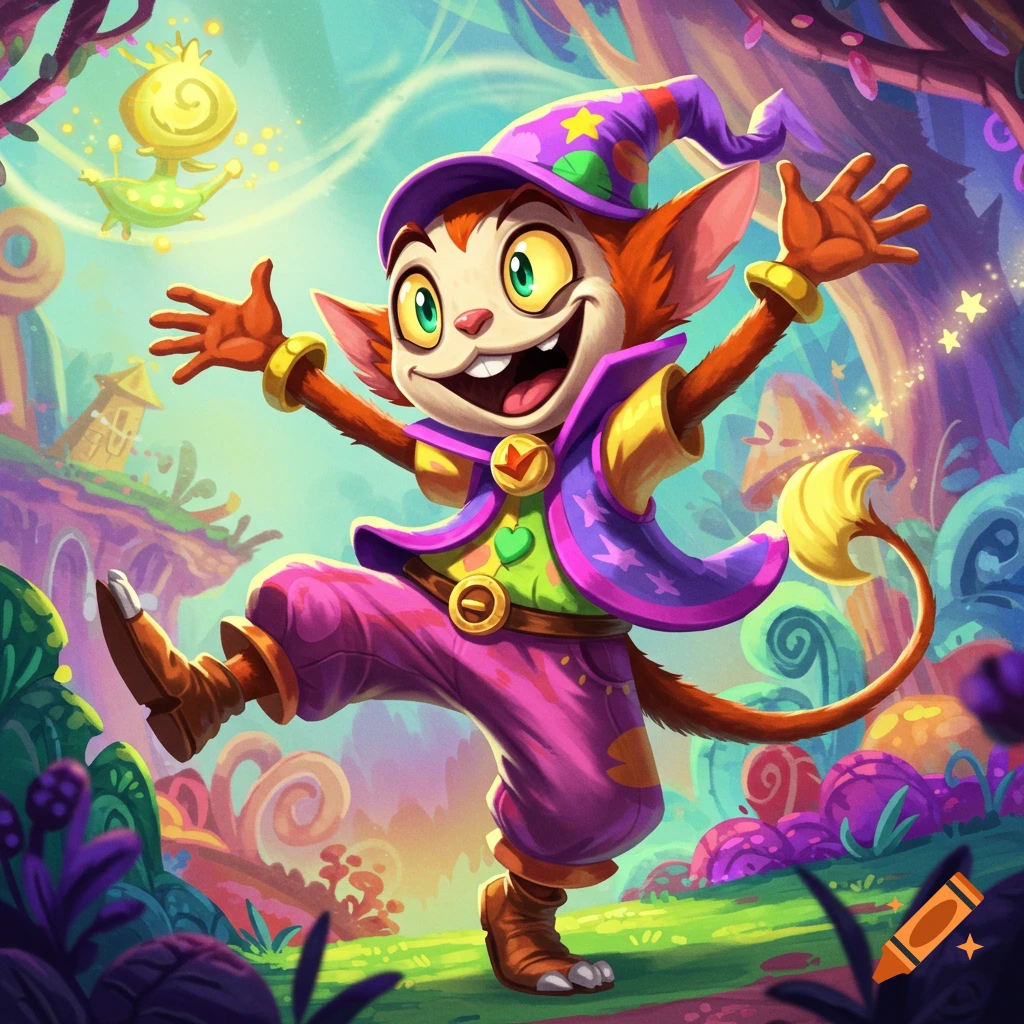 A cheerful cartoon cat-like creature in a wizard hat and cape leaps in a vibrant, whimsical forest.