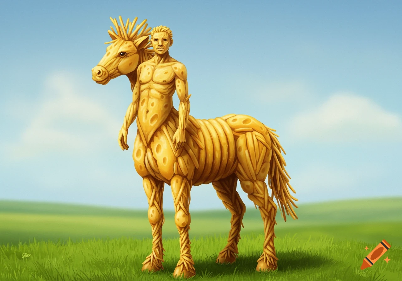 A centaur made of cheese sticks stands in a grassy field under a blue sky. Painting style.