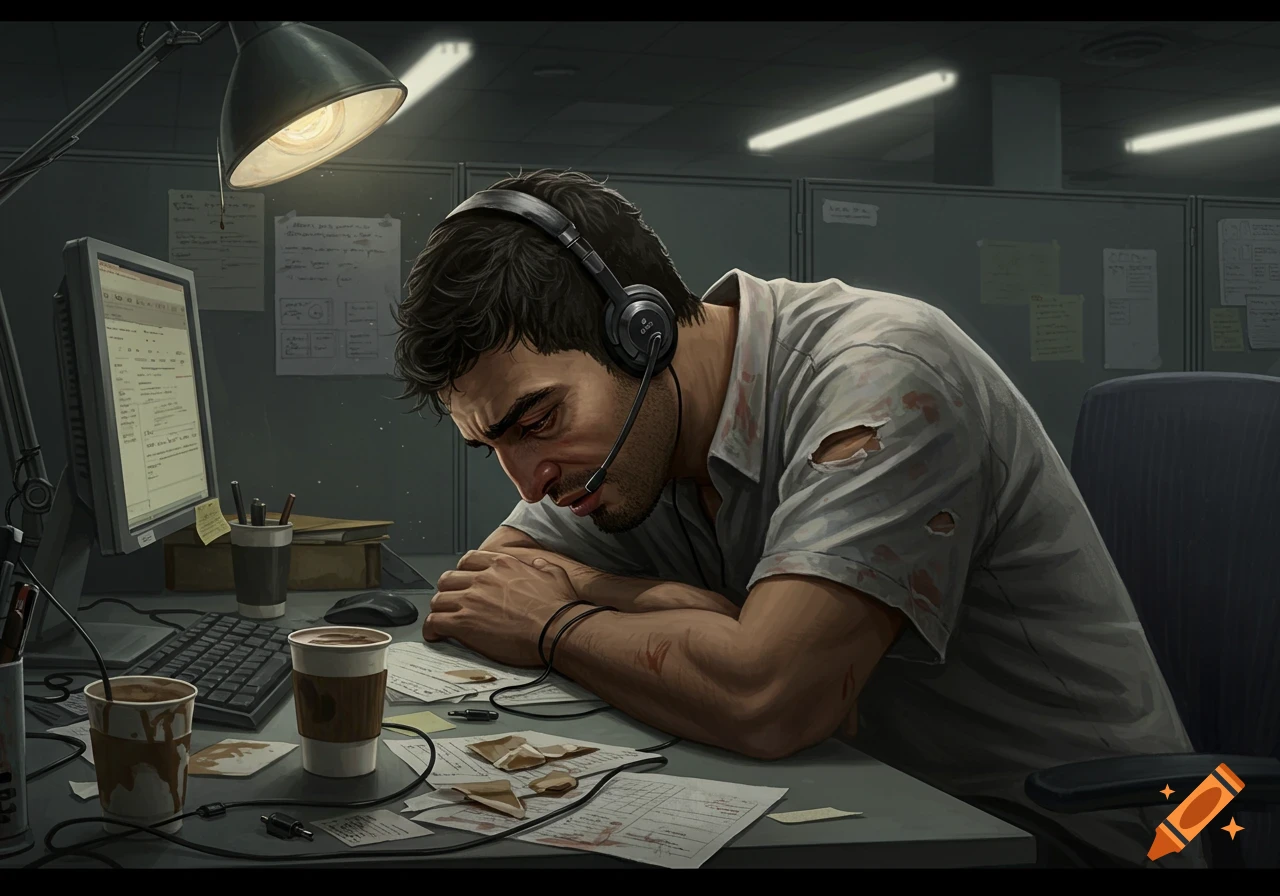 A tired call center worker with headphones leans on a desk covered in papers and coffee cups.
