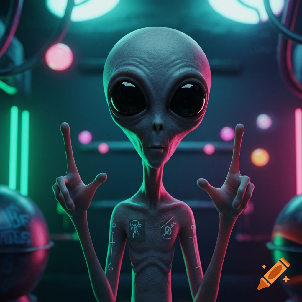A grey alien with large black eyes raises its hands in a dark room lit by neon tubes.