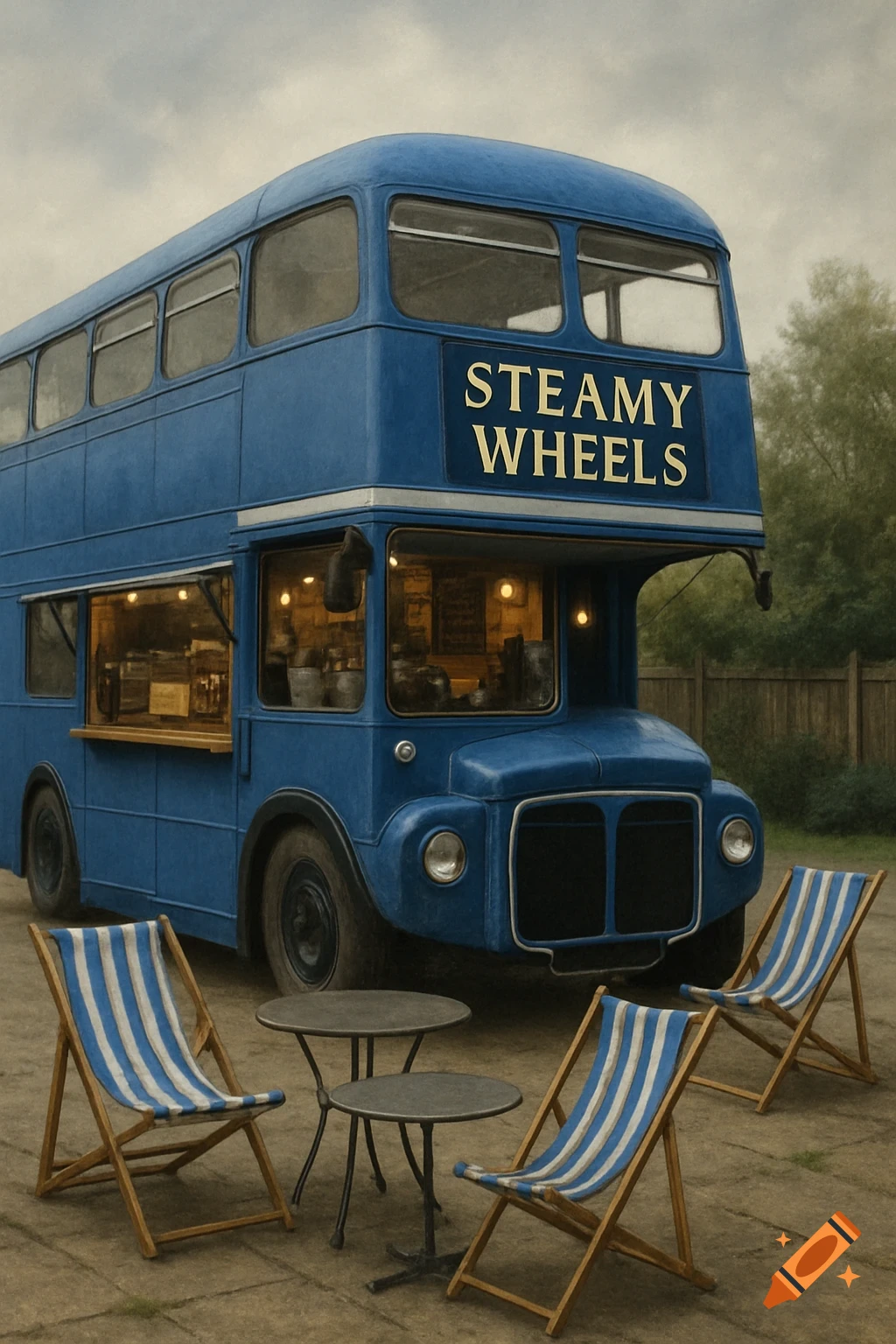 A blue double-decker bus cafe with outdoor tables and deckchairs.