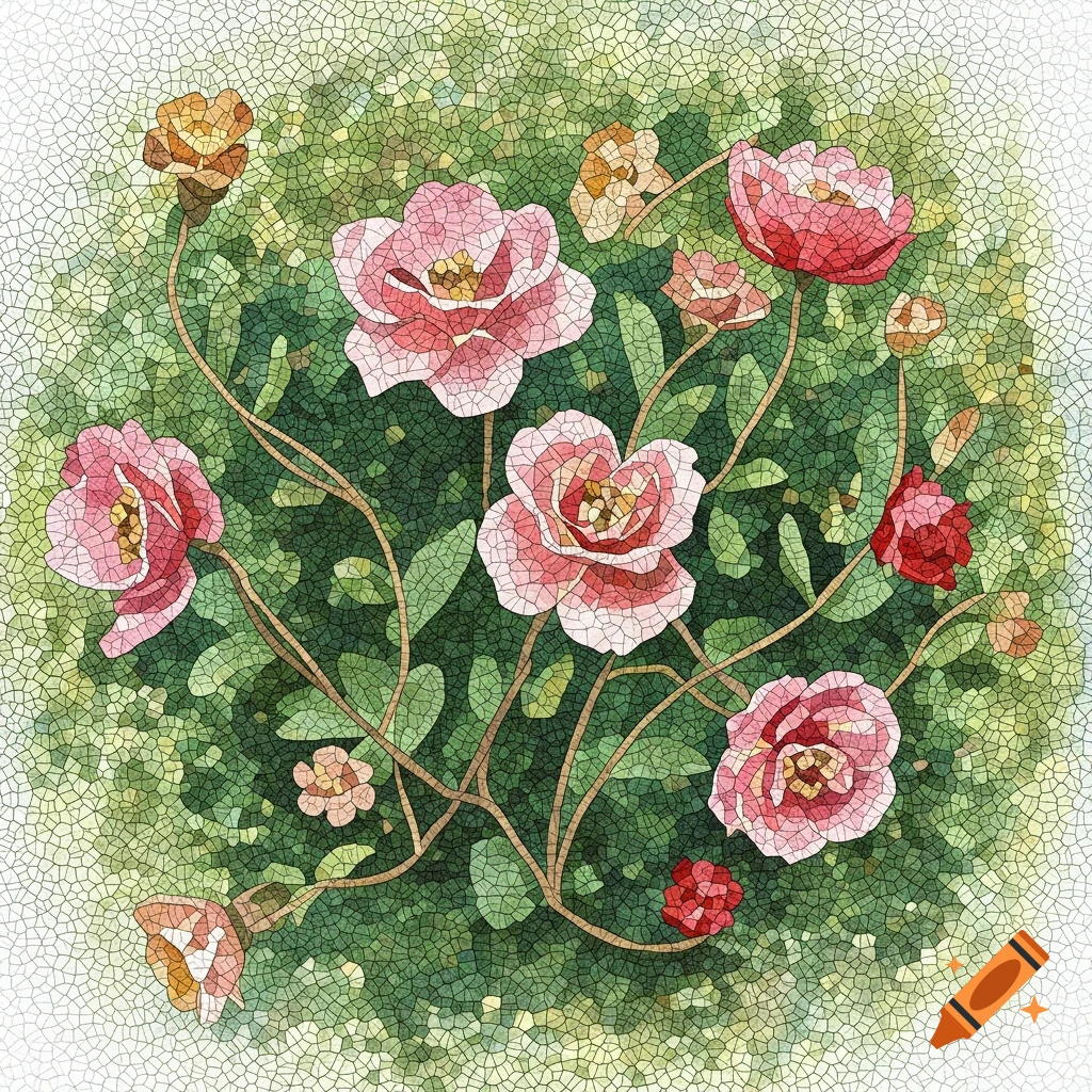 Mosaic illustration of pink and red flowers with green leaves.