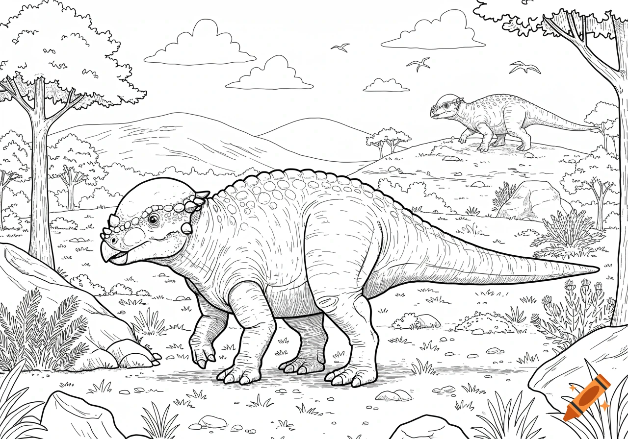 Black and white line art of two Pachycephalosaurus dinosaurs in a prehistoric landscape.