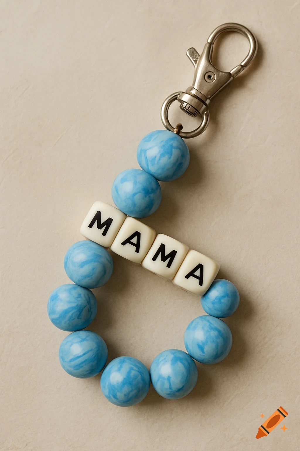 A blue marbled bead keychain with block letters spelling MAMA.