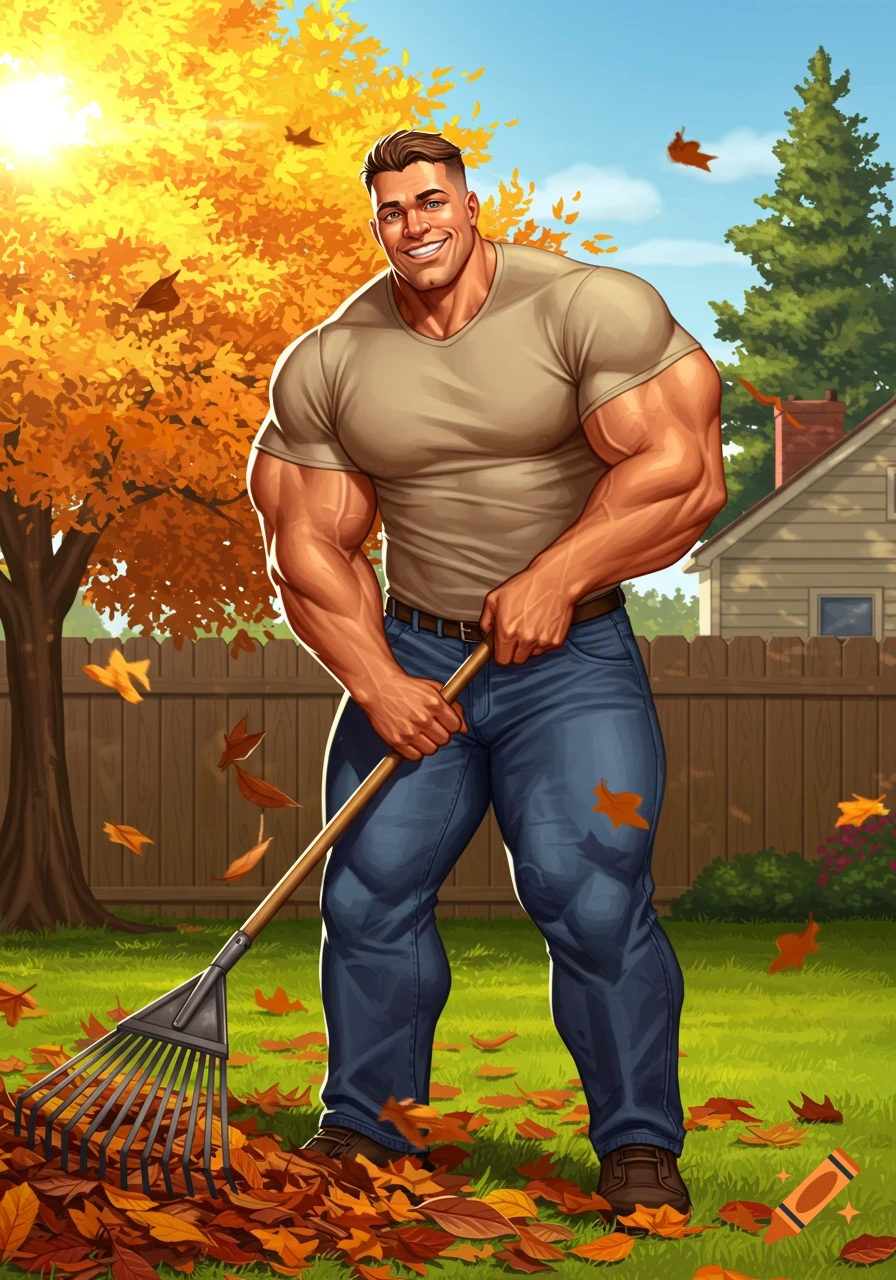 Muscular man raking fallen leaves in a sunny autumn yard.