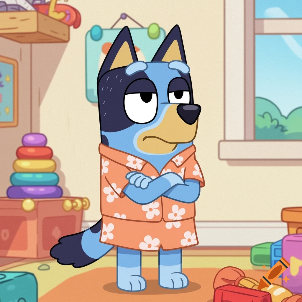 Bluey the cartoon dog wearing a Hawaiian shirt in a playroom, arms crossed with an angry face.
