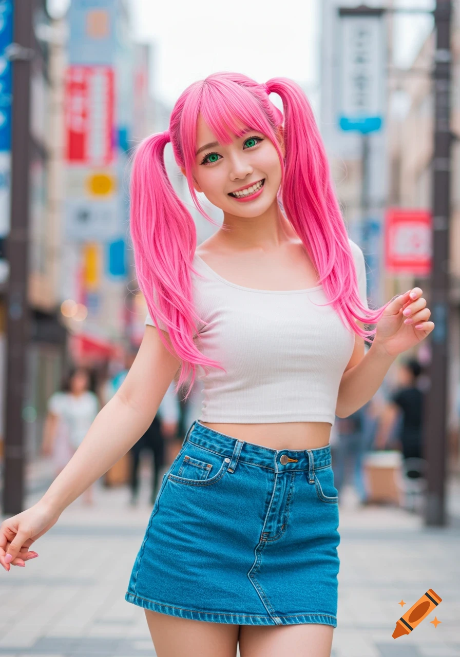 A young woman with pink pigtails and green eyes, wearing a white crop top and denim skirt, smiles on a city street.