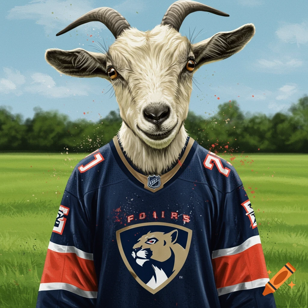 A goat wears a Florida Panthers hockey jersey in a field.