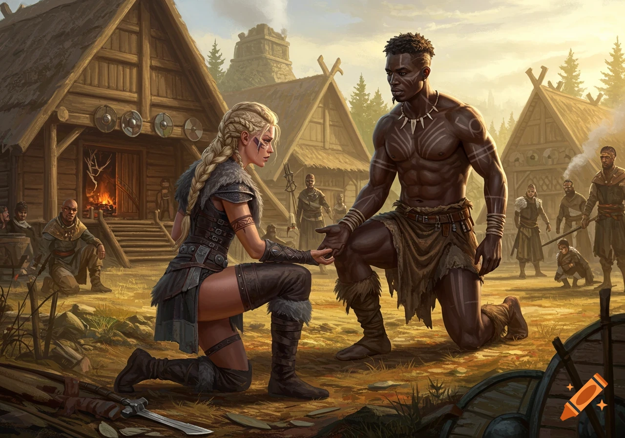 A blonde woman kneels before a muscular black man in a Viking village, holding hands. Illustration style.