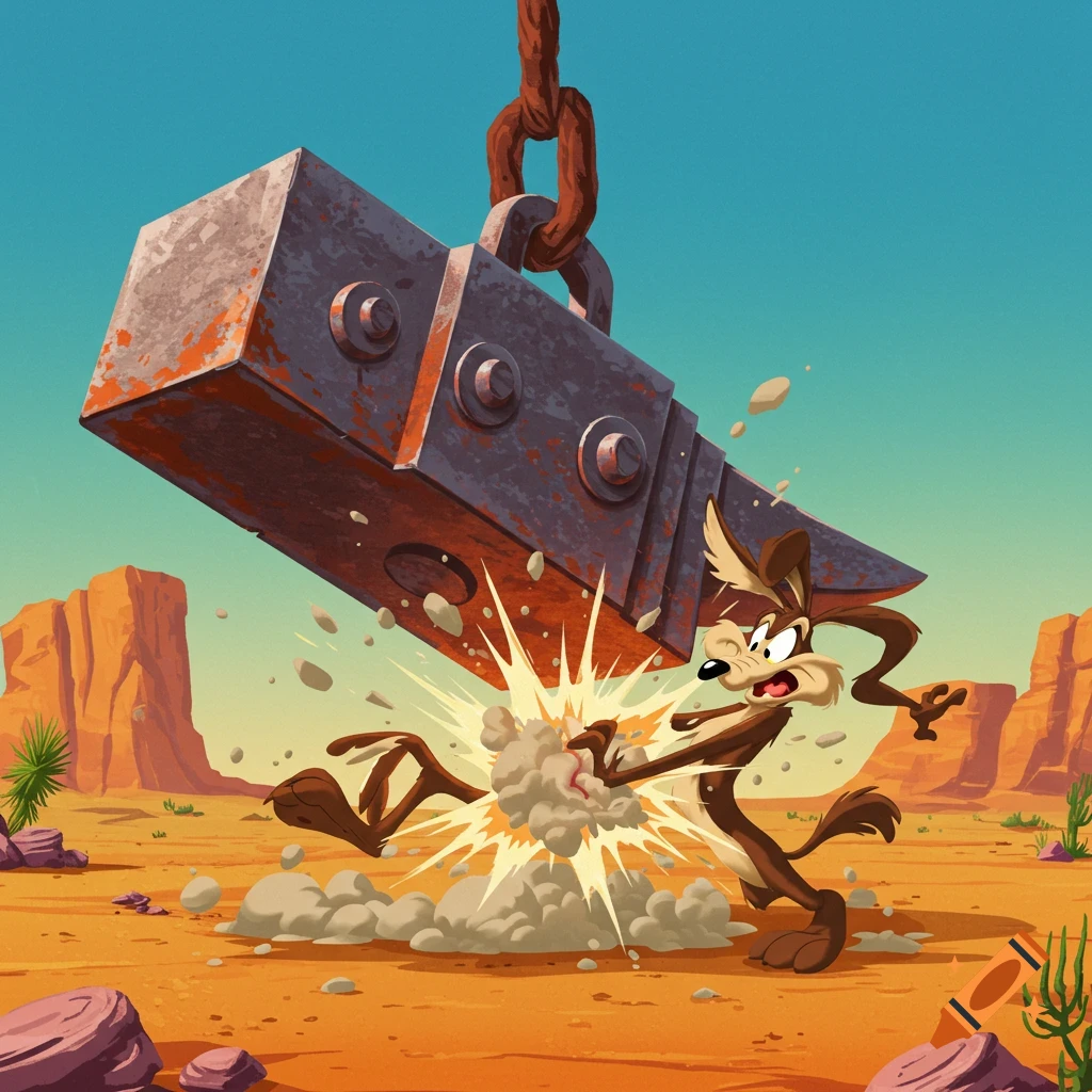 Wile E. Coyote gets hit by a heavy metal weight in a desert cartoon.