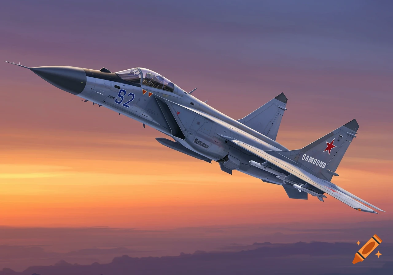 A Samsung branded Mig-31 fighter jet with the number 52 on its side flies against a sunset sky.