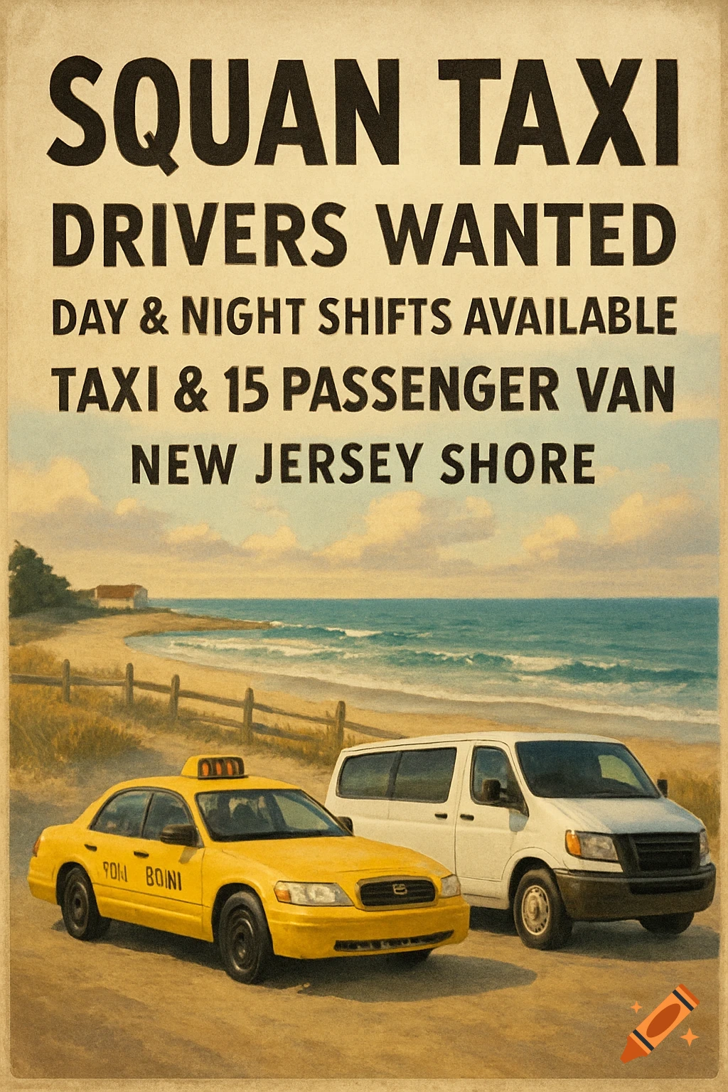 A vintage-style poster advertising drivers wanted for Squan Taxi, showing a yellow taxi and a white van on a beach with the ocean and sky in the background.