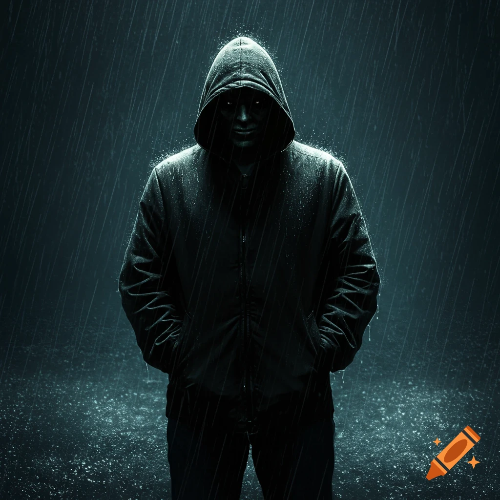 A shadowy figure in a dark hooded jacket stands in heavy, streaking rain, with glowing eyes visible from the darkness.