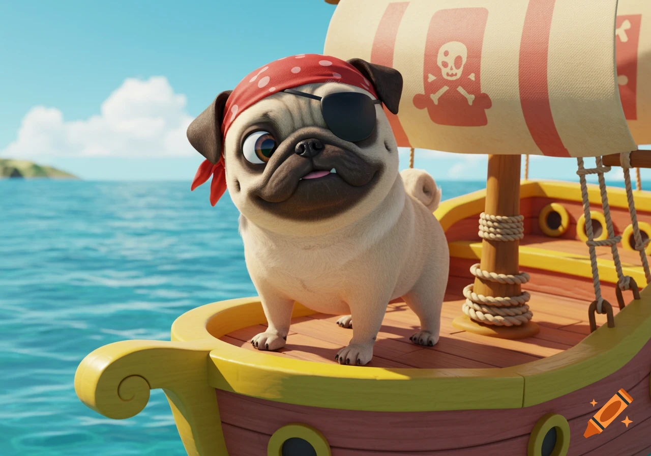 A cute pug dog dressed as a pirate on a boat in Pixar style.
