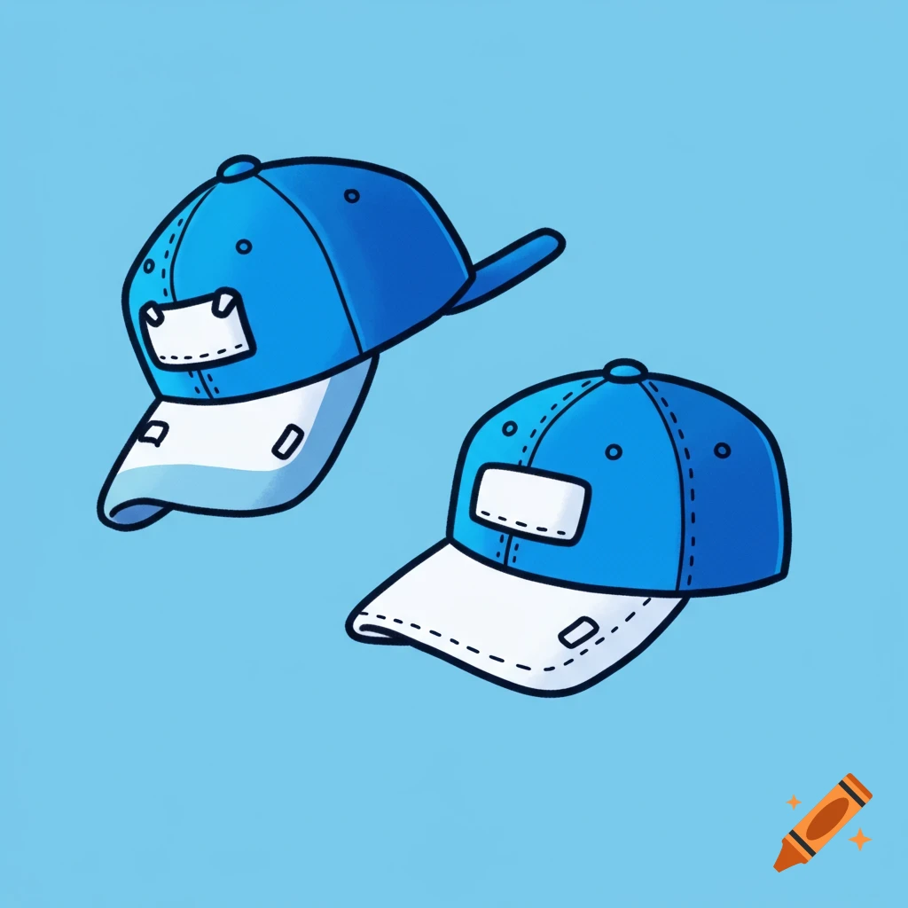 Two animated blue and white baseball caps on a light blue background.