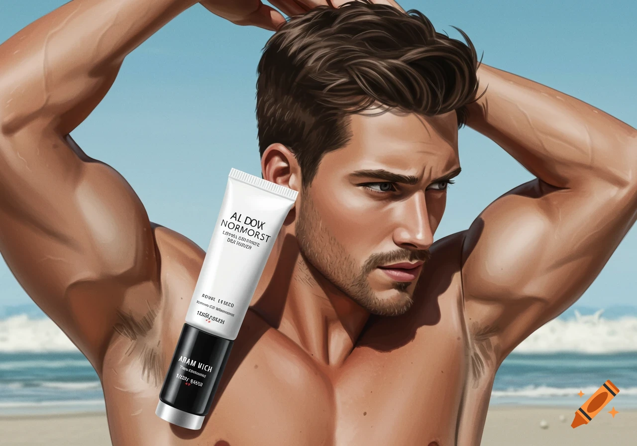 Muscular man on a beach holds a skincare tube in a digital painting style.
