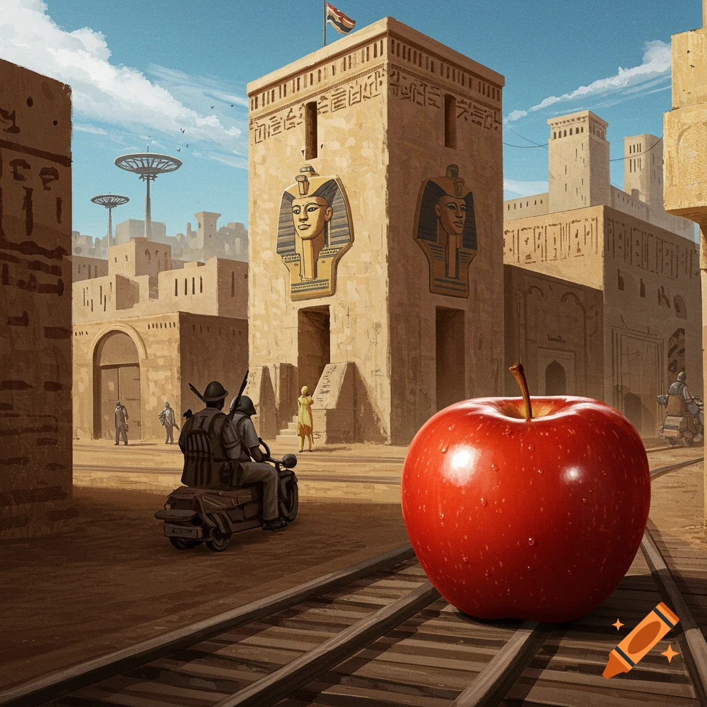 A large red apple sits on train tracks in front of an Egyptian-style city with futuristic towers and soldiers.