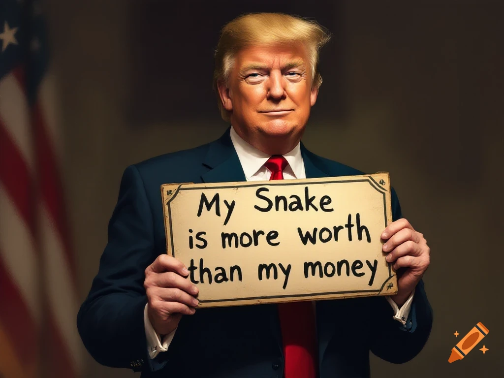 Donald Trump holds a sign saying 'My Snake is more worth than my money'.