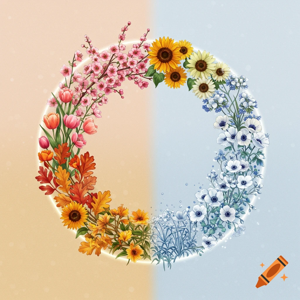 Circular illustration depicting the four seasons with different flowers and leaves.