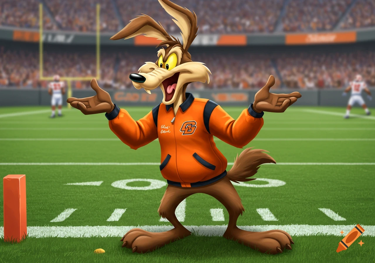 Wile E. Coyote dressed as a football coach standing on a football field