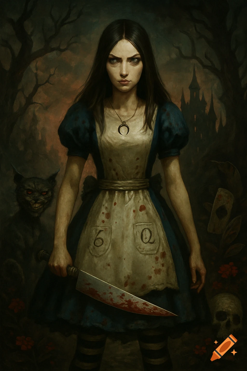 Dark fantasy painting of a grim Alice from Wonderland holding a bloody knife, with a creepy cat, skulls, and a castle in the background.