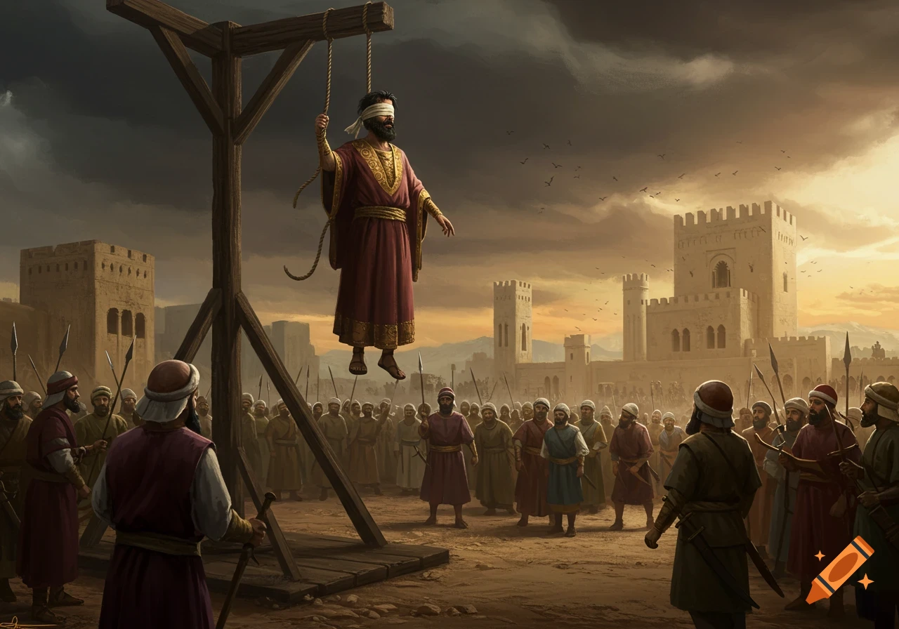 A blindfolded man hangs from a gallows before a large crowd and historical buildings at sunset.