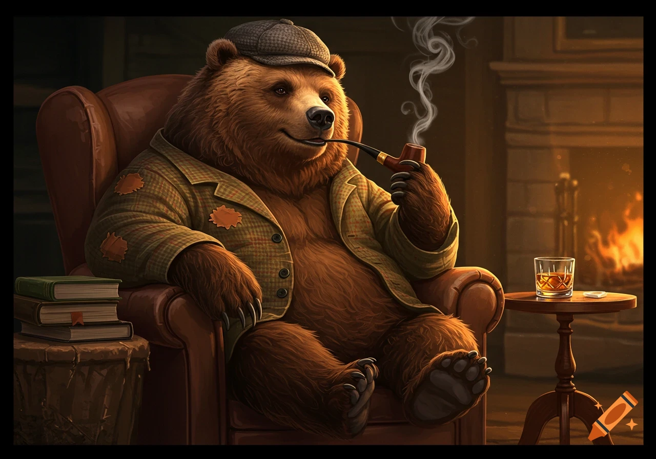Anthropomorphic bear in jacket and hat sits in armchair smoking pipe next to fireplace and drink.