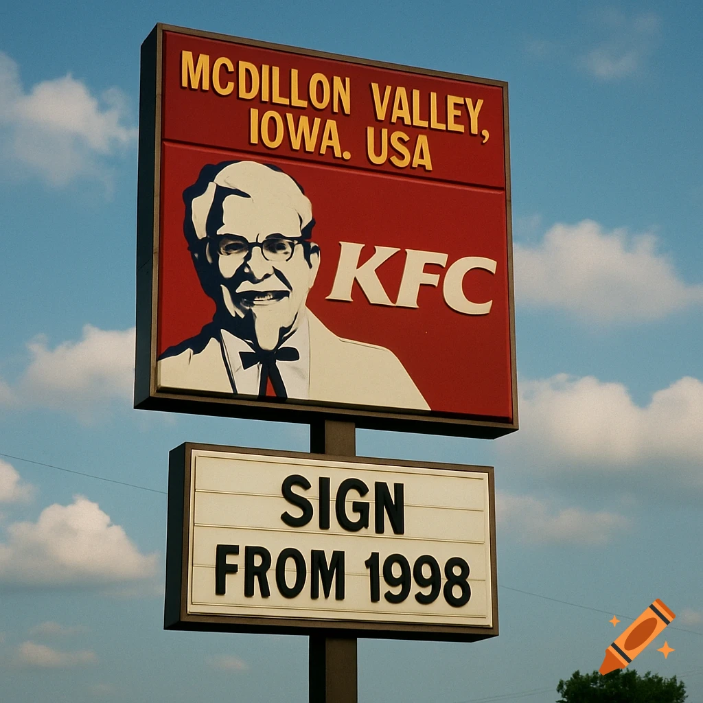 Photorealistic image of a tall roadside sign for 'McDillon Valley, Iowa. USA KFC' with a smaller sign below reading 'SIGN FROM 1998' against a cloudy blue sky.