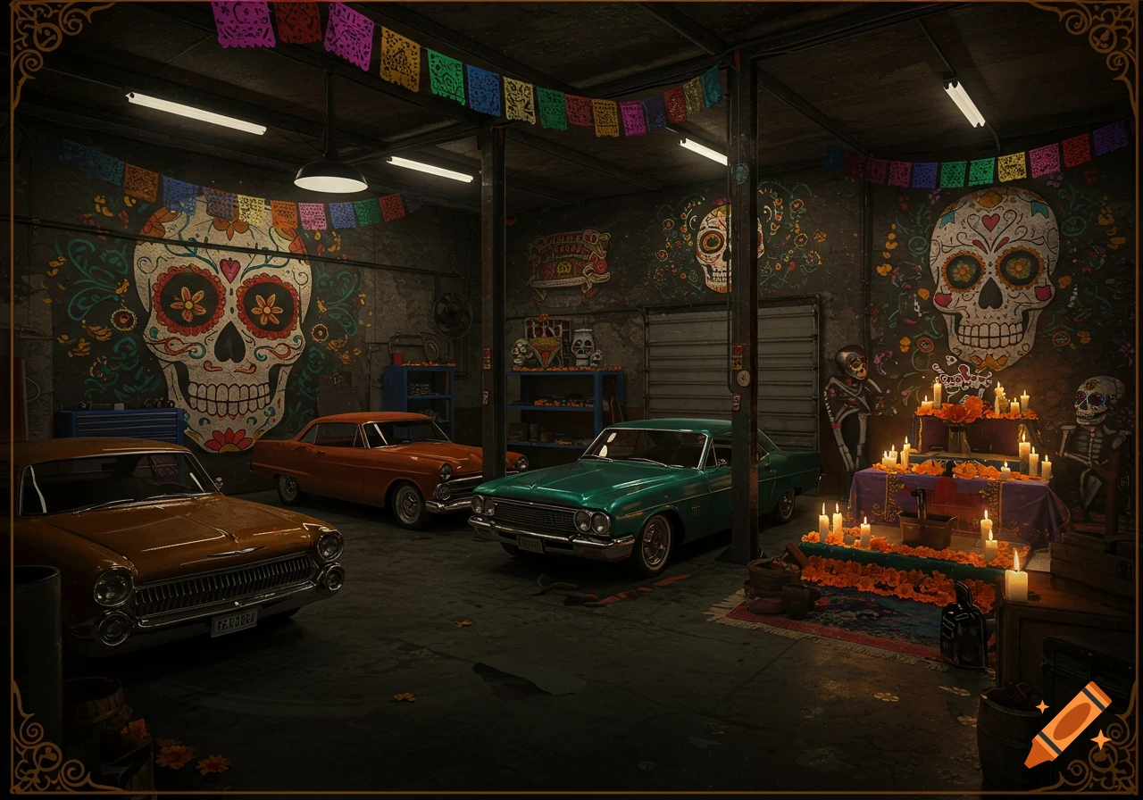 A Dia de los Muertos decorated car garage with classic cars, large sugar skull murals, banners, and an altar.