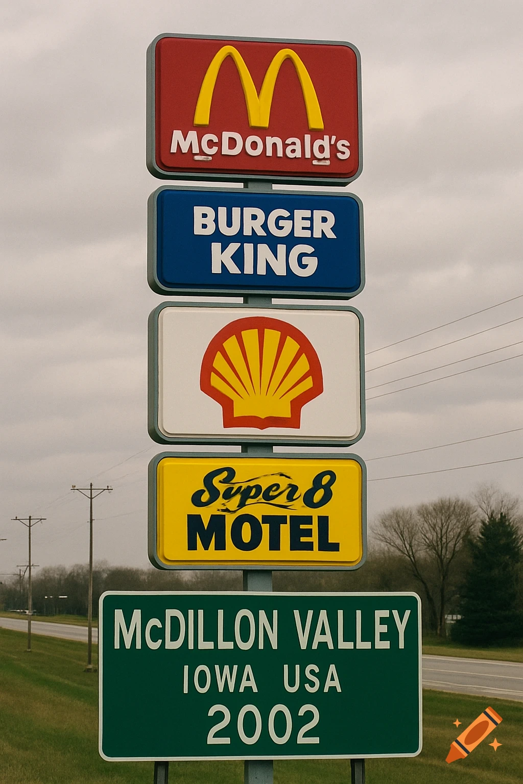 Stack of roadside signs for McDonald's, Burger King, Shell, and Super 8 Motel above a sign for MCDILLON VALLEY IOWA USA 2002.