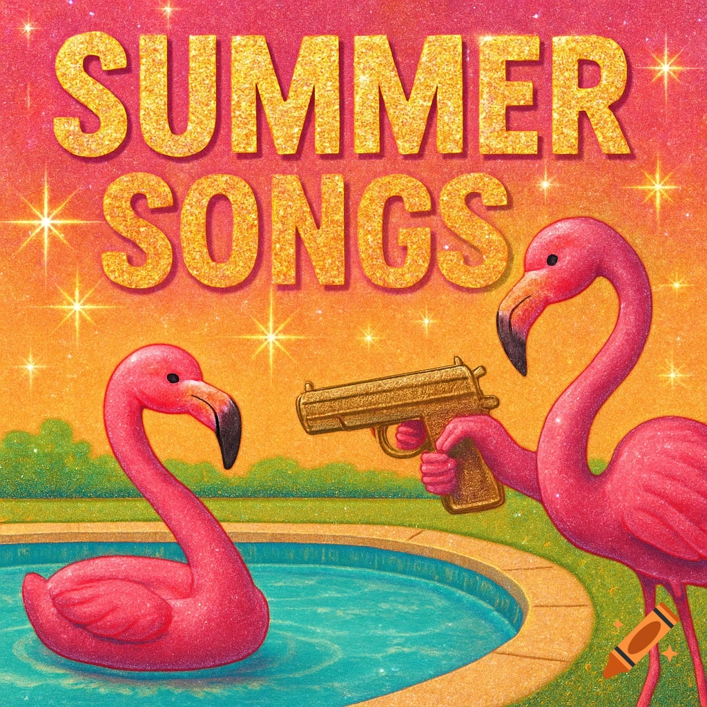 Cover art with glitter text 'SUMMER SONGS', a flamingo with a gun near a pool float flamingo.