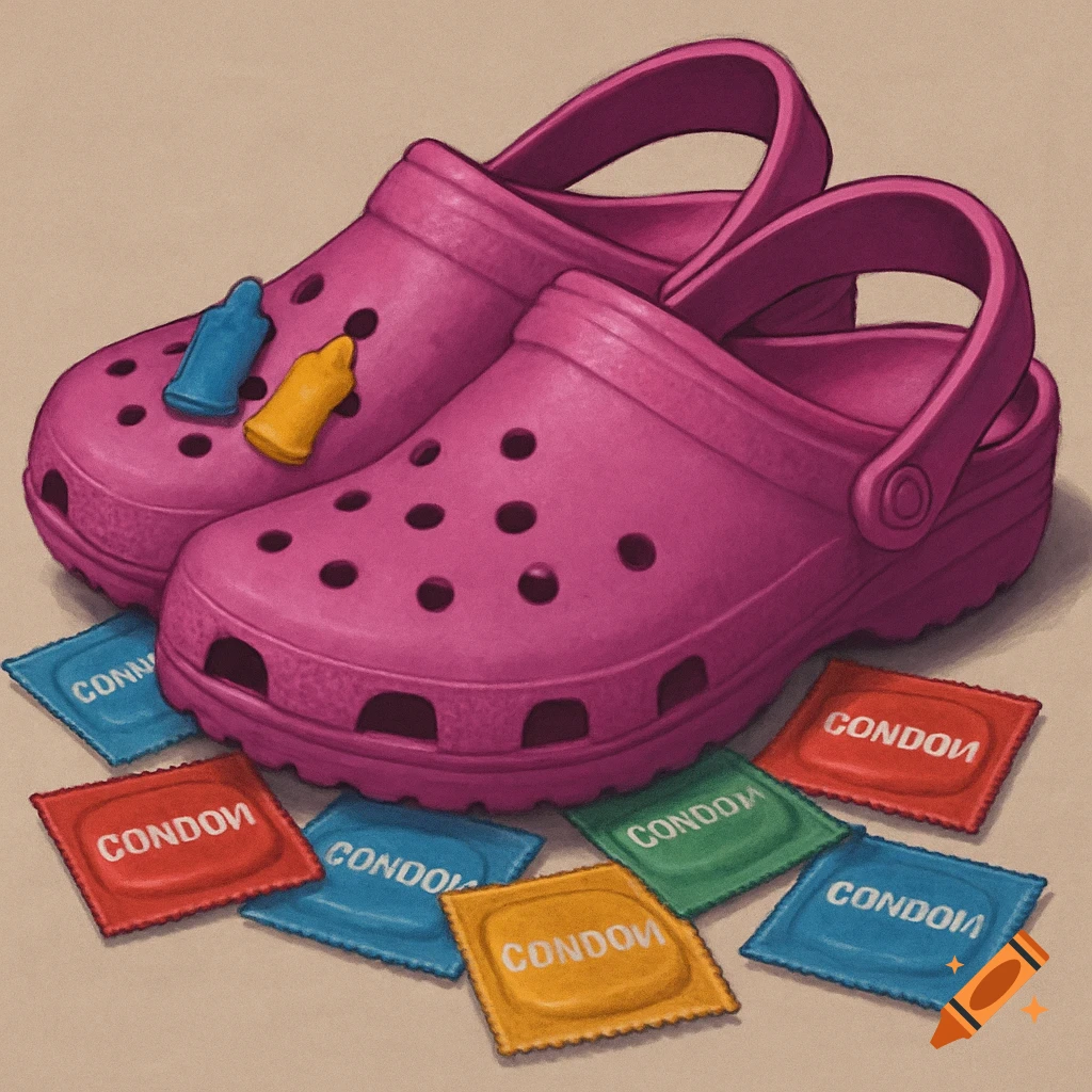 Pink Crocs shoes with colorful condom packets surrounding them and two condom-shaped charms on the shoes.