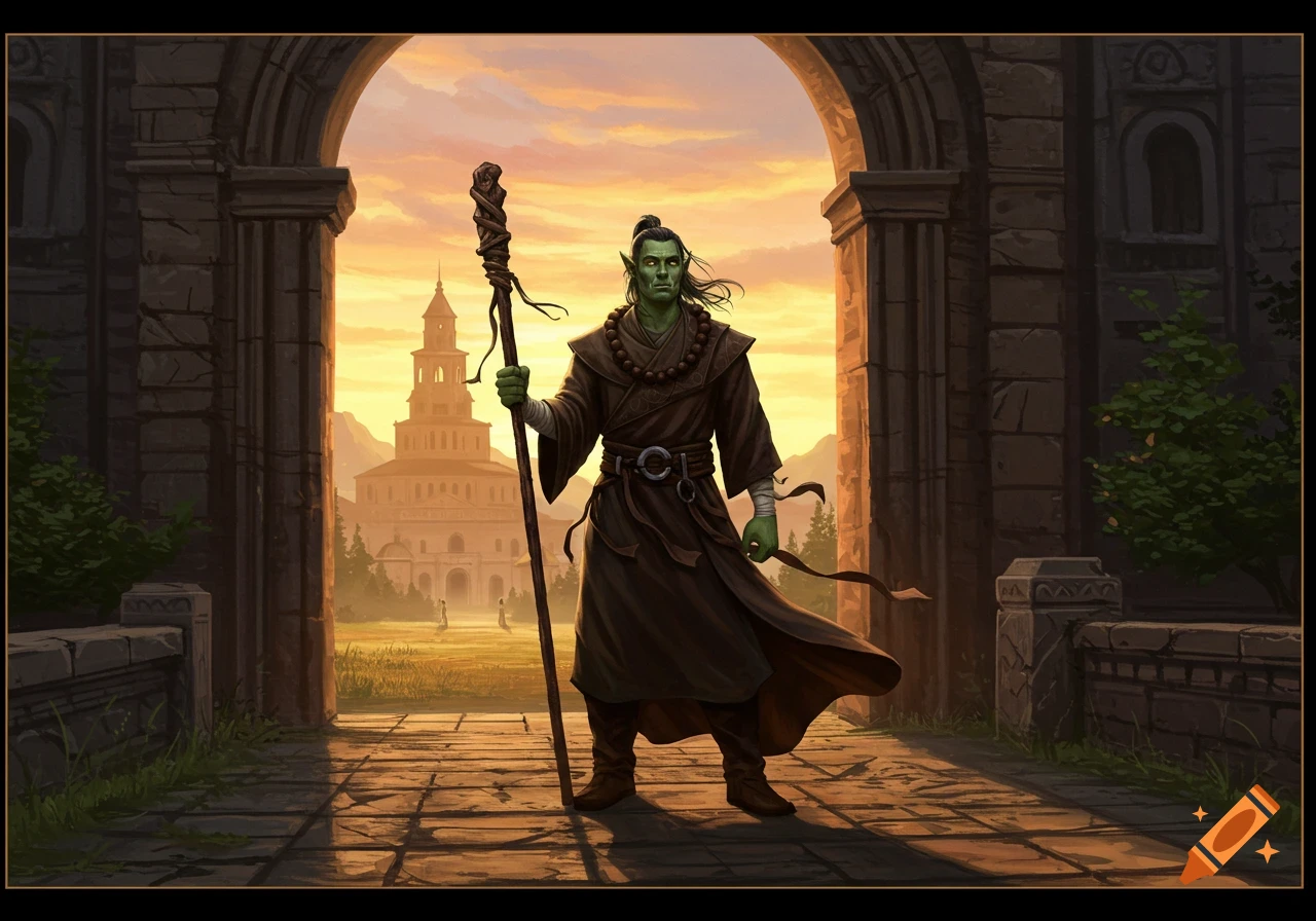 A half-orc monk stands outside a monastery at sunrise, holding a staff.