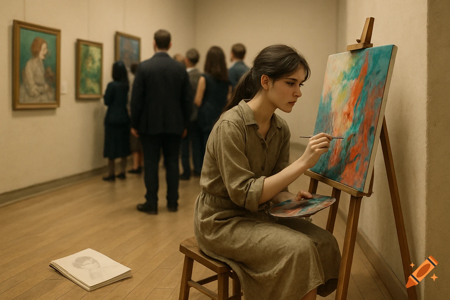 A woman paints at an easel in an art gallery with people looking at paintings in the background.