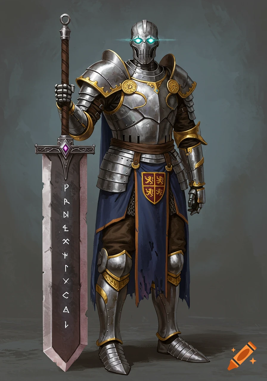 A warforged knight in shiny armor with glowing blue eyes stands holding a large runic greatsword.